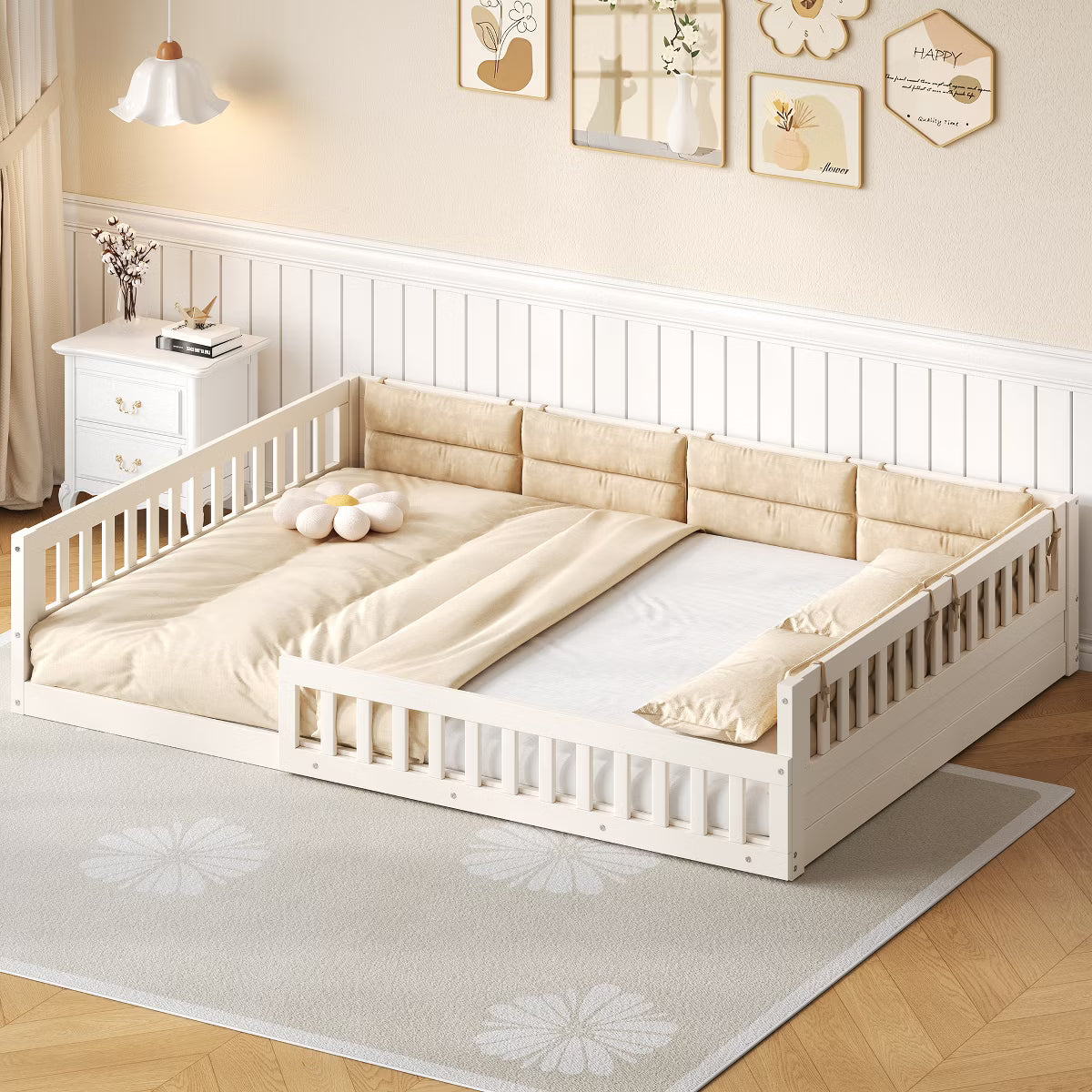 Little Blessings™ Full Size Upholstered Toddler Bed Frame – Cozy Kids Platform Bed with Guardrails &amp; Pillow Beige