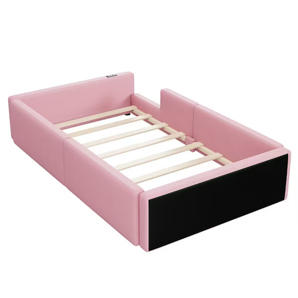 Little Blessings™ Chloe Montessori Twin Floor Bed – Upholstered Kids Bed Frame with Safety Rails & Charging Station Pink