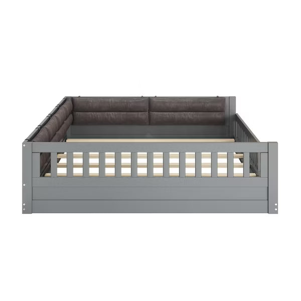 Little Blessings™ Full Size Upholstered Toddler Bed Frame – Cozy Kids Platform Bed with Guardrails &amp; Pillow Gray