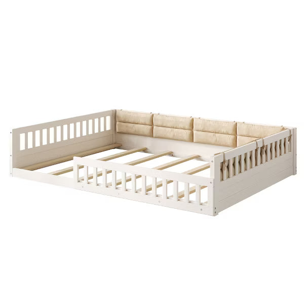 Little Blessings™ Full Size Upholstered Toddler Bed Frame – Cozy Kids Platform Bed with Guardrails &amp; Pillow Beige