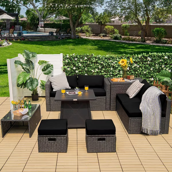 xBeStill Noir Retreat™ 9-Piece Fire Pit Lounge Set for Elevated Outdoor Living