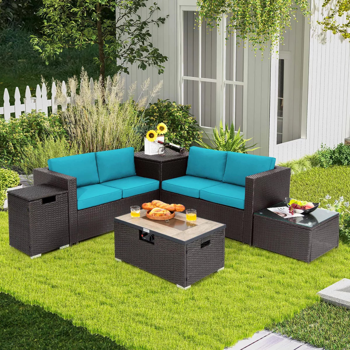 xBeStill Retreat™ Turquoise Fire Pit Lounge Set for Relaxed Coastal Living