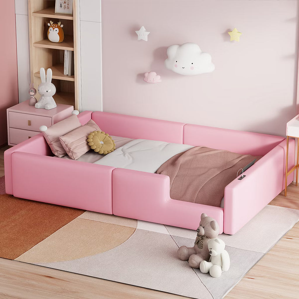 Little Blessings™ Chloe Montessori Twin Floor Bed – Upholstered Kids Bed Frame with Safety Rails & Charging Station Pink