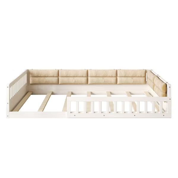Little Blessings™ Full Size Upholstered Toddler Bed Frame – Cozy Kids Platform Bed with Guardrails &amp; Pillow Beige