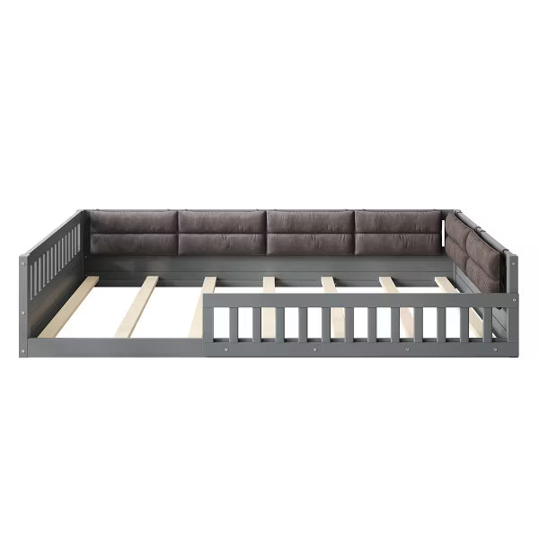Little Blessings™ Full Size Upholstered Toddler Bed Frame – Cozy Kids Platform Bed with Guardrails &amp; Pillow Gray