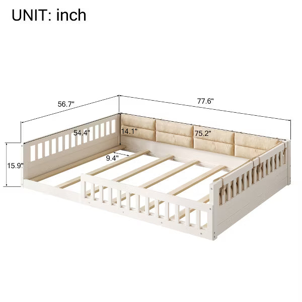 Little Blessings™ Full Size Upholstered Toddler Bed Frame – Cozy Kids Platform Bed with Guardrails &amp; Pillow Beige