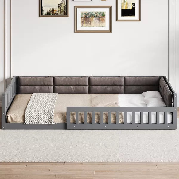 Little Blessings™ Full Size Upholstered Toddler Bed Frame – Cozy Kids Platform Bed with Guardrails &amp; Pillow Gray