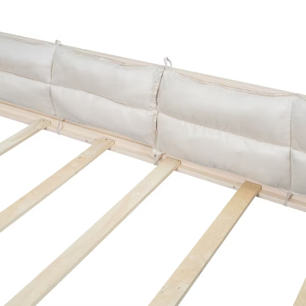 Little Blessings™ Full Size Upholstered Toddler Bed Frame – Cozy Kids Platform Bed with Guardrails &amp; Pillow Beige