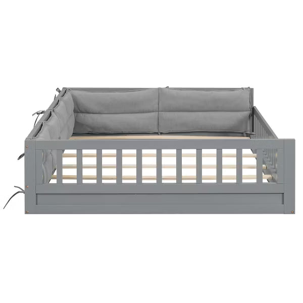 Little Blessings™ Full Size Upholstered Toddler Bed Frame – Cozy Kids Platform Bed with Guardrails &amp; Pillow Gray