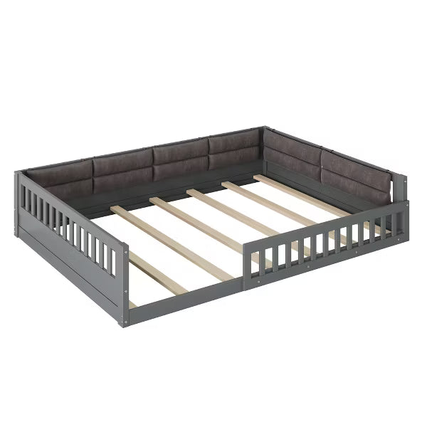 Little Blessings™ Full Size Upholstered Toddler Bed Frame – Cozy Kids Platform Bed with Guardrails &amp; Pillow Gray