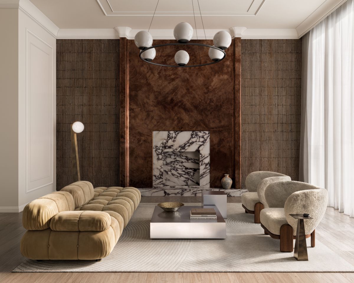 Modern living room with a brown sofa, armchairs, and a fireplace.