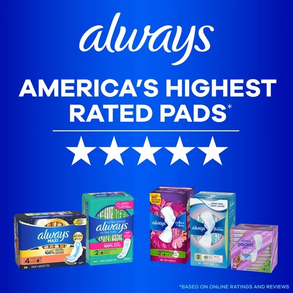Always Ultra Thin Pads with Wings – Size 2 Long Super Absorbency (3-Pack, 58 Count Each)
