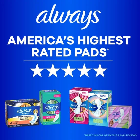 Always Ultra Thin Pads with Wings – Size 2 Long Super Absorbency (3-Pack, 58 Count Each)